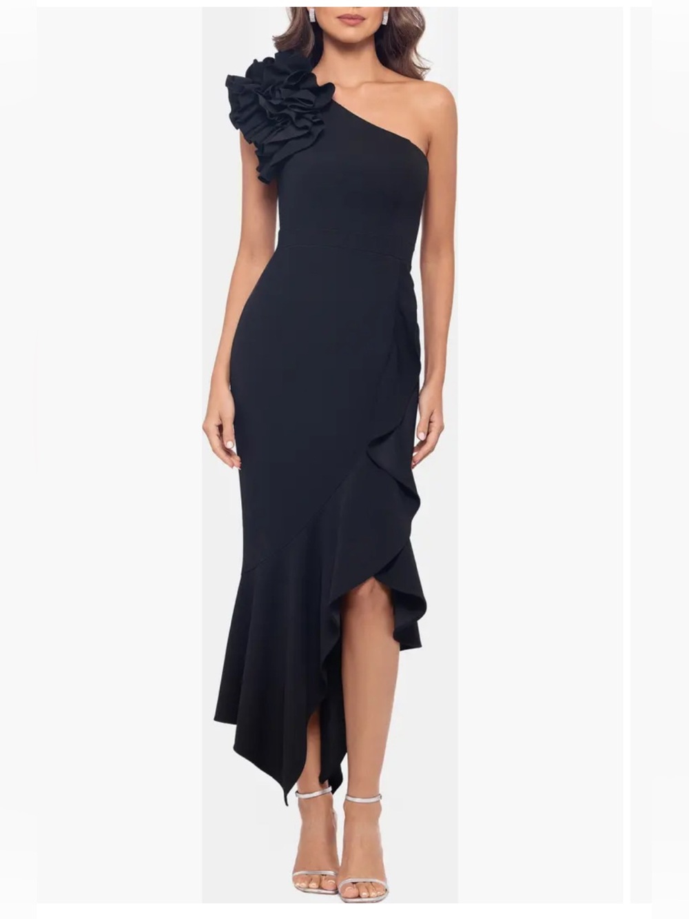 Xscape Black One-Shoulder Ruffle Midi Dress